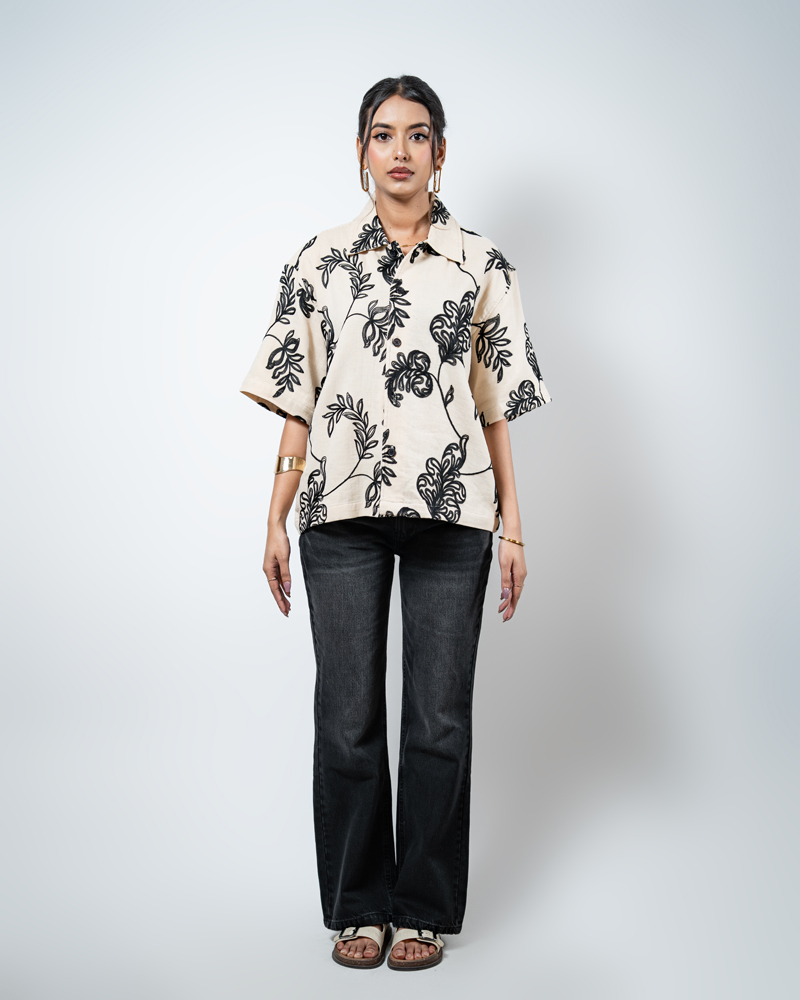 Half Sleeve Embroidered Boxy Shirt in Cream - Image 6