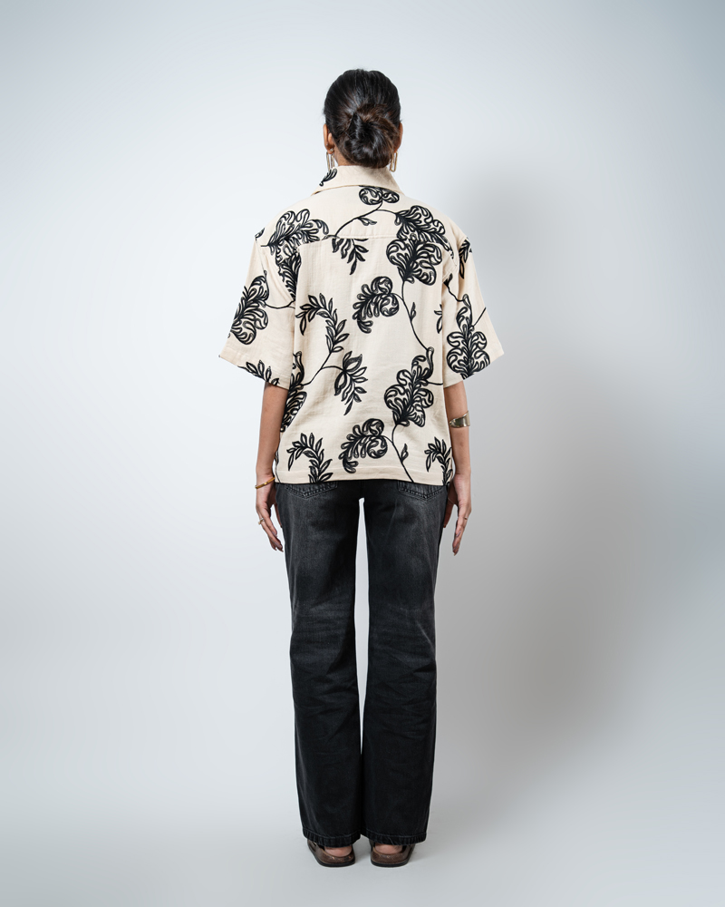 Half Sleeve Embroidered Boxy Shirt in Cream - Image 7