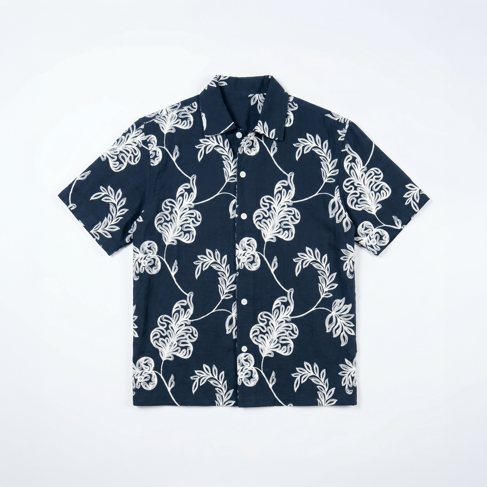 Half Sleeve Embroidered Boxy Shirt in Navy Blue
