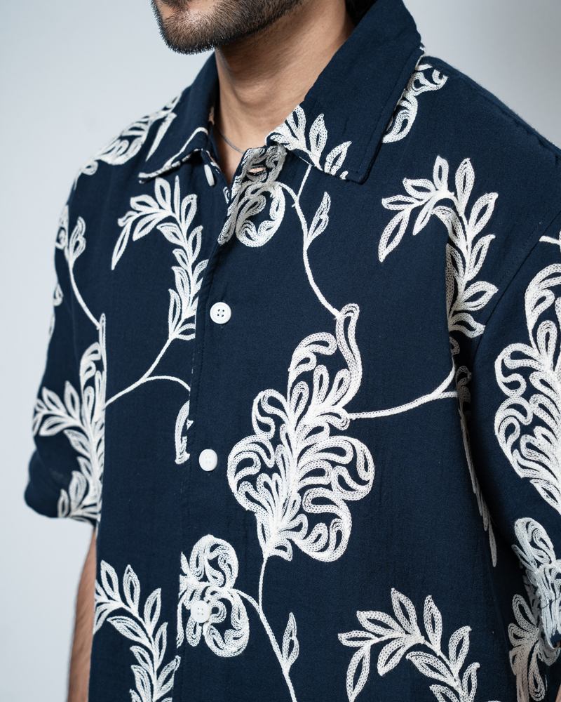 Half Sleeve Embroidered Boxy Shirt in Navy Blue - Image 2