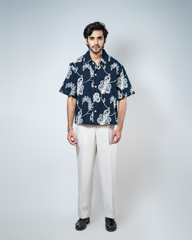 Half Sleeve Embroidered Boxy Shirt in Navy Blue - Image 3