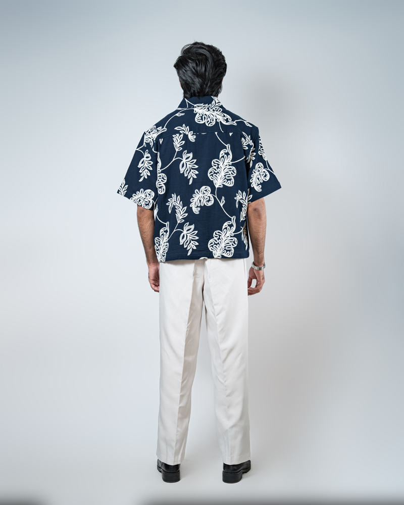 Half Sleeve Embroidered Boxy Shirt in Navy Blue - Image 4