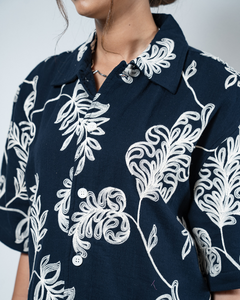 Half Sleeve Embroidered Boxy Shirt in Navy Blue - Image 5