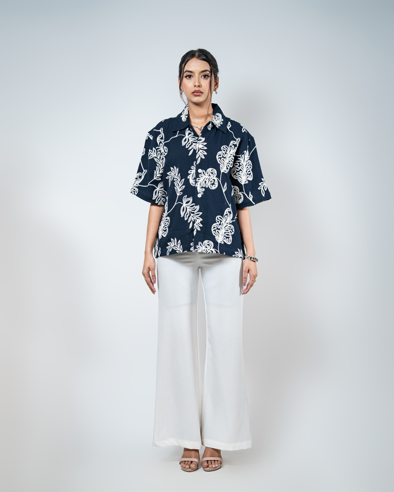 Half Sleeve Embroidered Boxy Shirt in Navy Blue - Image 6