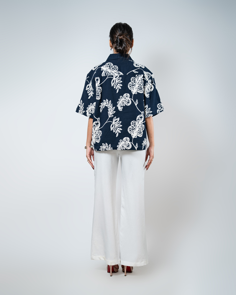 Half Sleeve Embroidered Boxy Shirt in Navy Blue - Image 7