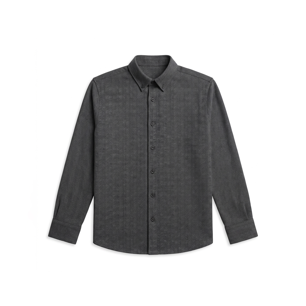 Long Sleeve Button-Down Herringbone Patterned Shirt in Iron Grey