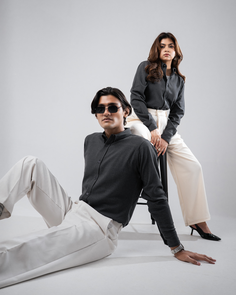 Long Sleeve Button-Down Herringbone Patterned Shirt in Iron Grey - Image 3