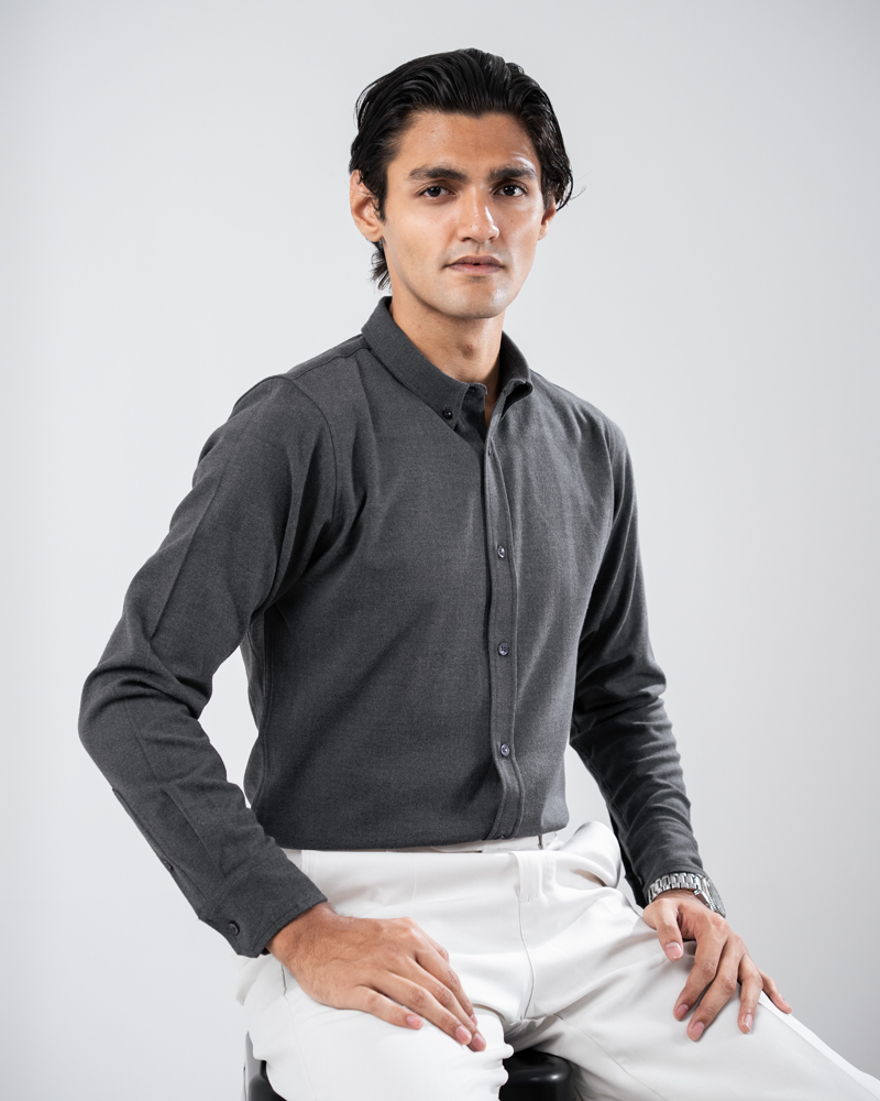 Long Sleeve Button-Down Herringbone Patterned Shirt in Iron Grey - Image 4
