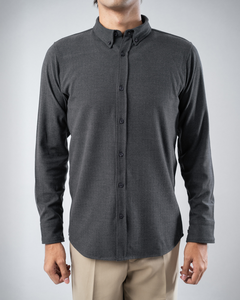 Long Sleeve Button-Down Herringbone Patterned Shirt in Iron Grey - Image 5