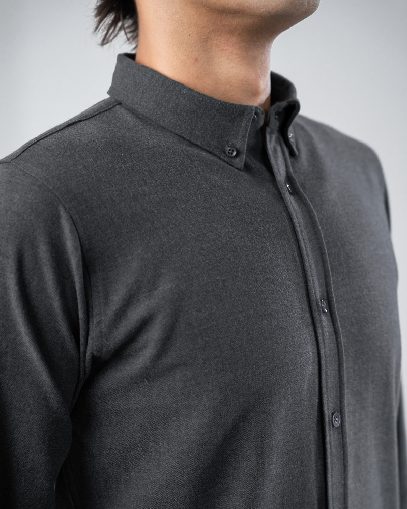 Long Sleeve Button-Down Herringbone Patterned Shirt in Iron Grey - Image 6