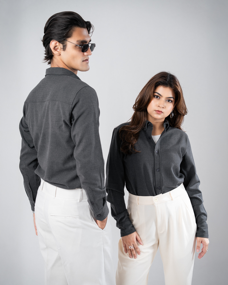 Long Sleeve Button-Down Herringbone Patterned Shirt in Iron Grey - Image 7
