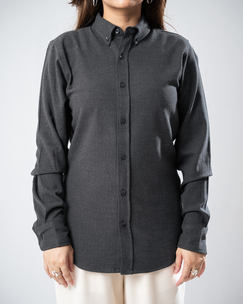 Long Sleeve Button-Down Herringbone Patterned Shirt in Iron Grey - Image 9