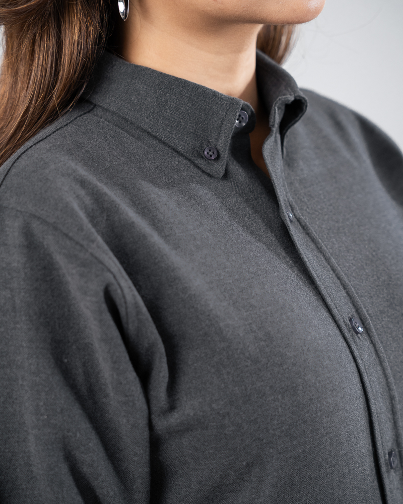 Long Sleeve Button-Down Herringbone Patterned Shirt in Iron Grey - Image 10