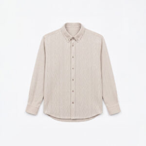 Long Sleeve Button-Down Herringbone Patterned Shirt in Light Cream