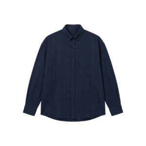 Long Sleeve Button-Down Herringbone Patterned Shirt in Navy Blue