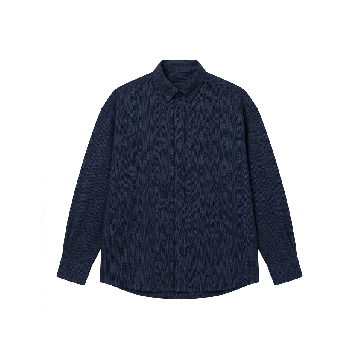 Long Sleeve Button-Down Herringbone Patterned Shirt in Navy Blue