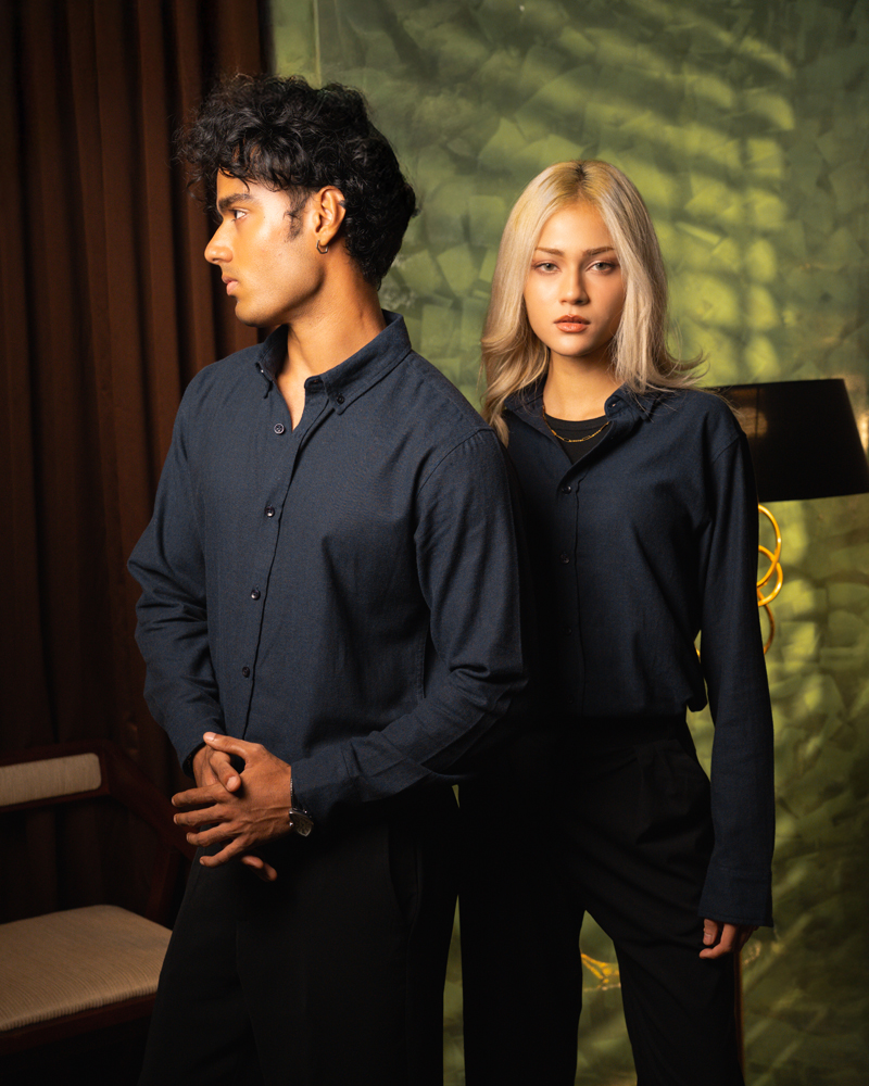 Long Sleeve Button-Down Herringbone Patterned Shirt in Navy Blue - Image 3