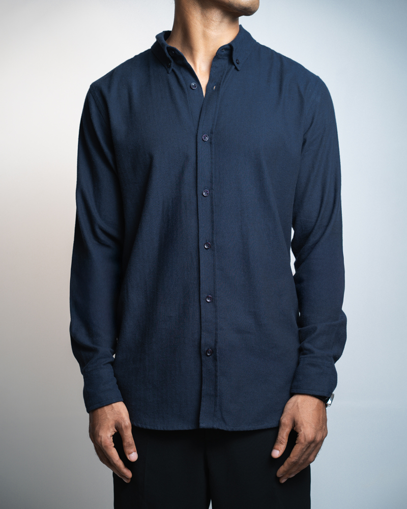 Long Sleeve Button-Down Herringbone Patterned Shirt in Navy Blue - Image 5