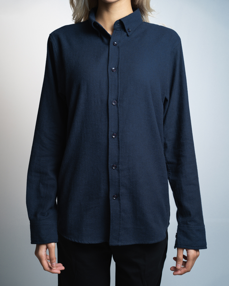 Long Sleeve Button-Down Herringbone Patterned Shirt in Navy Blue - Image 9