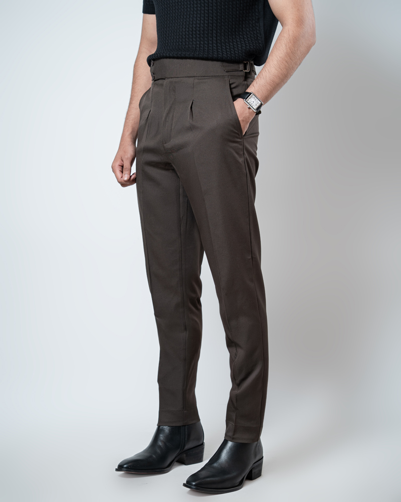 Men’s Dark Brown Classic Pleated Gurkha Pants with New Belt - Image 3