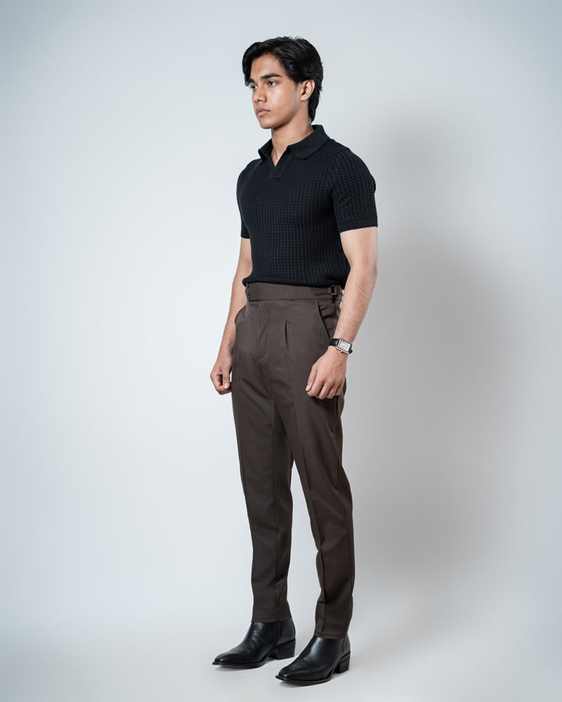 Men’s Dark Brown Classic Pleated Gurkha Pants with New Belt - Image 4
