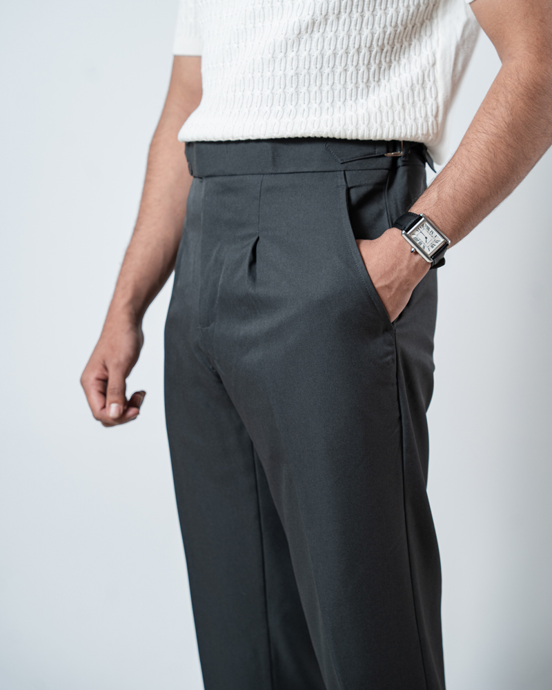 Men’s Light Grey Classic Pleated Gurkha Pants with New Belt - Image 3