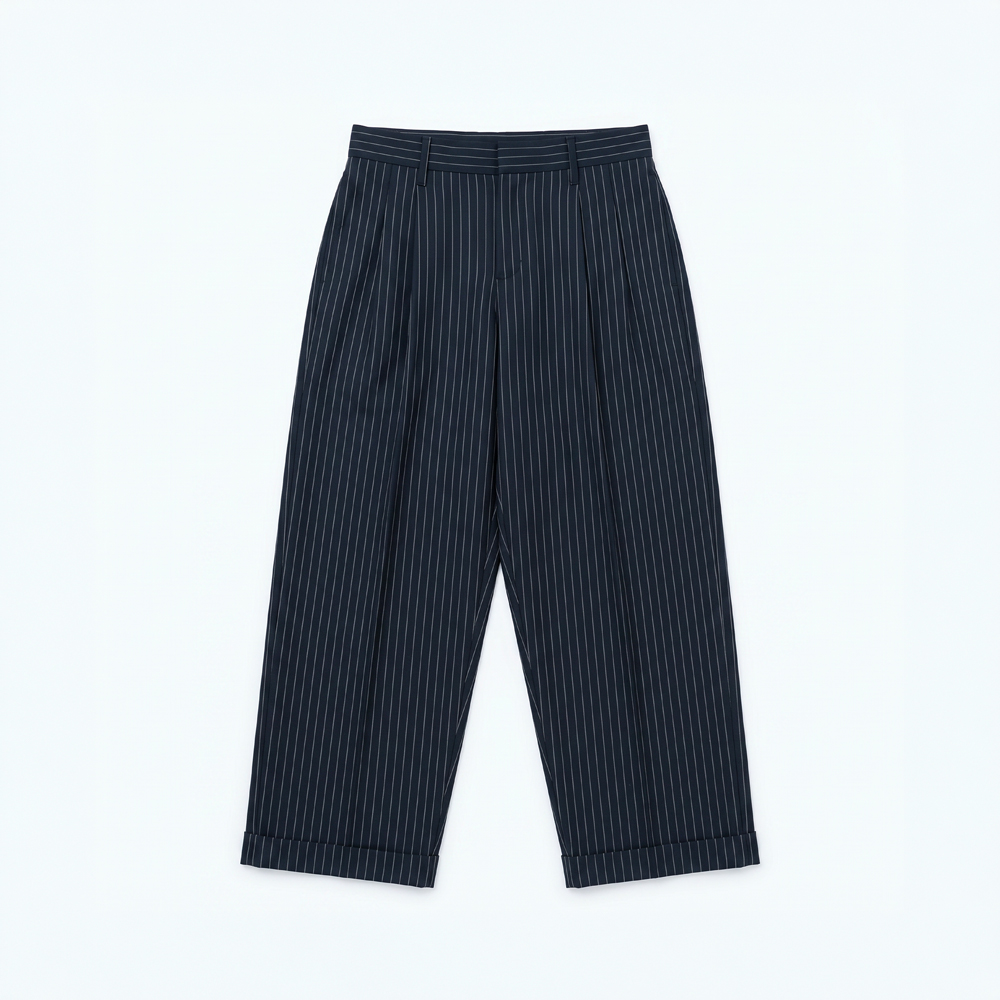 Men's Pinstripe High Waisted Relaxed Pants in Navy Blue