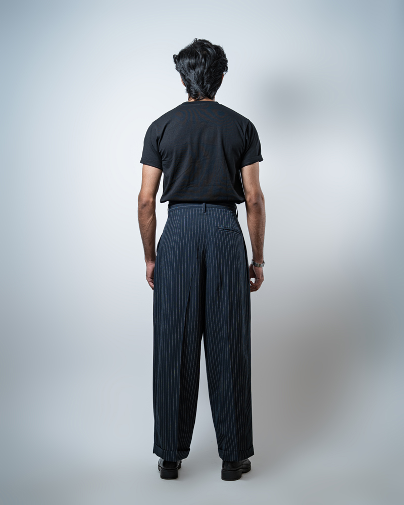 Men's Pinstripe High Waisted Relaxed Pants in Navy Blue - Image 5