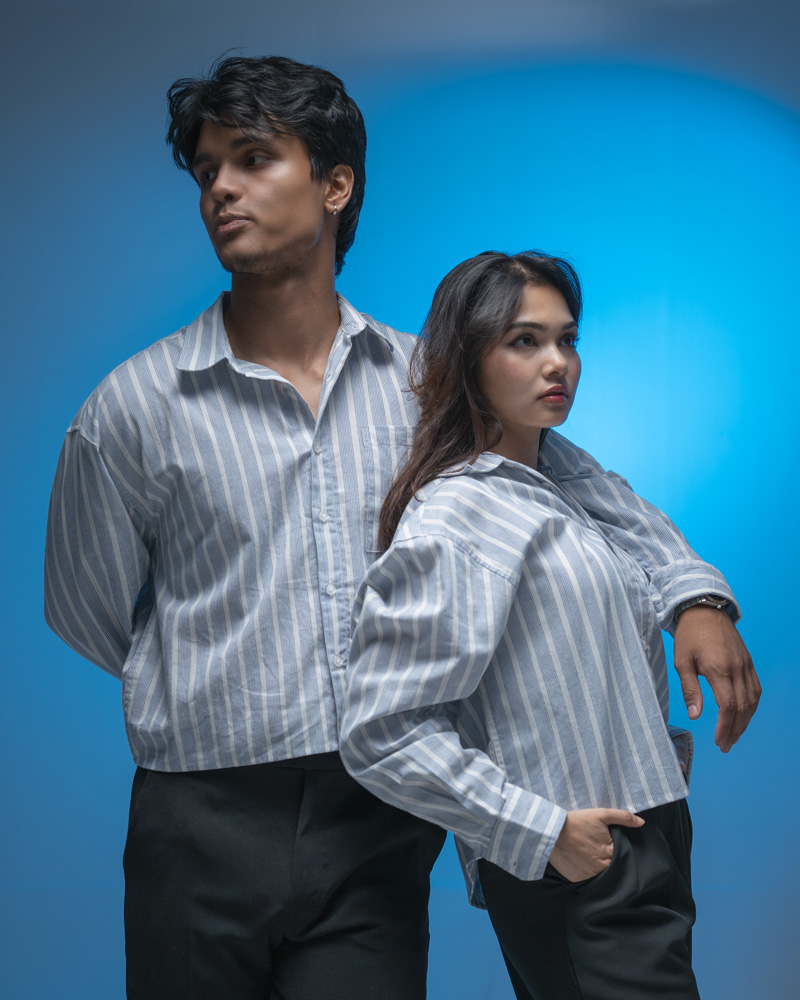 Oversized Cropped Shirt in White & Blue - Image 2