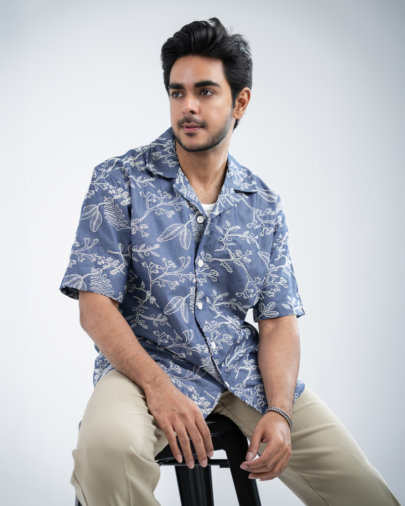 Oversized Drop Shoulder Denim Cuban Shirt in Light Blue - Image 3