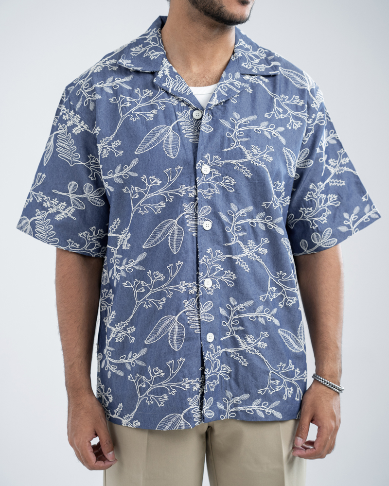 Oversized Drop Shoulder Denim Cuban Shirt in Light Blue - Image 4