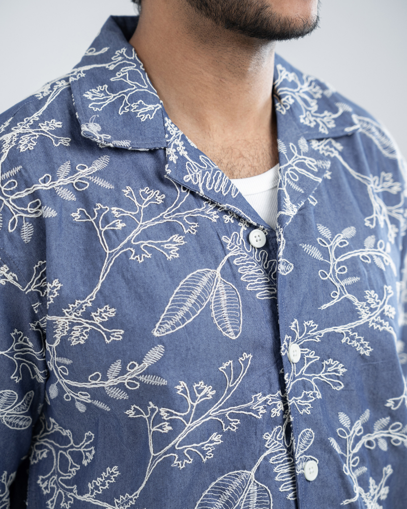 Oversized Drop Shoulder Denim Cuban Shirt in Light Blue - Image 5