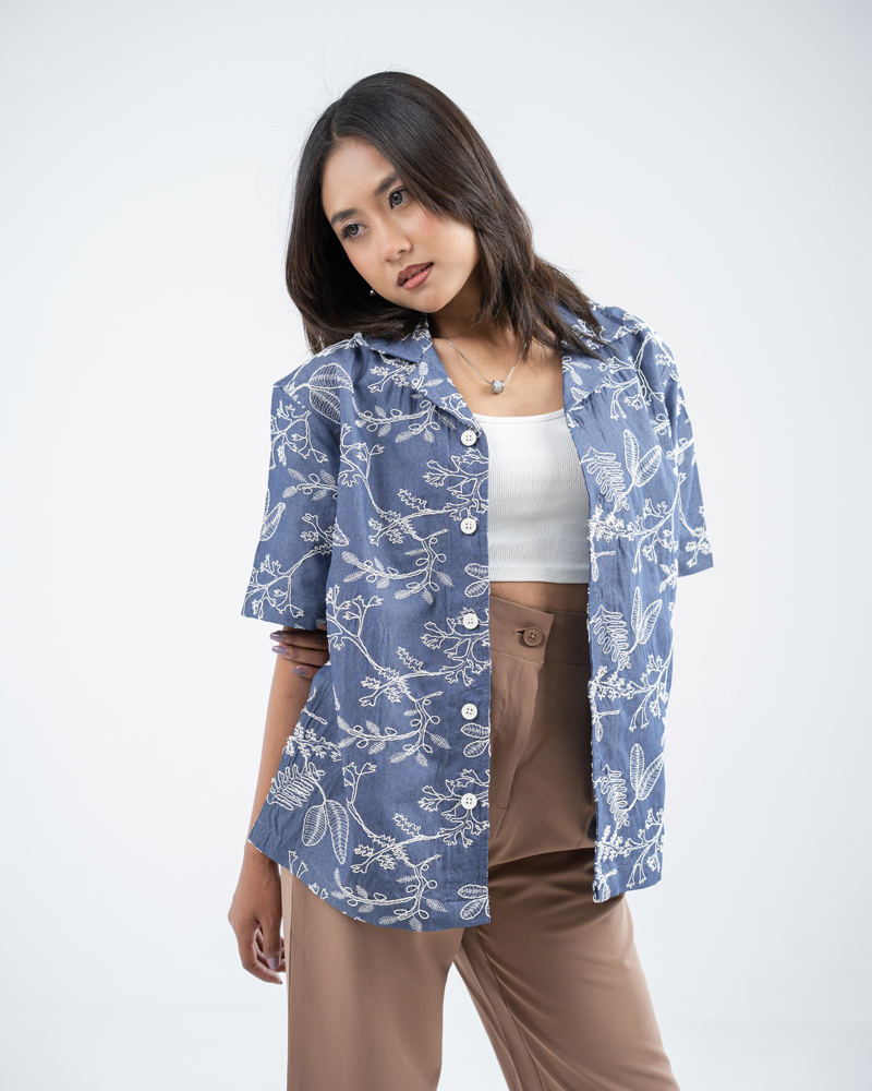 Oversized Drop Shoulder Denim Cuban Shirt in Light Blue - Image 7