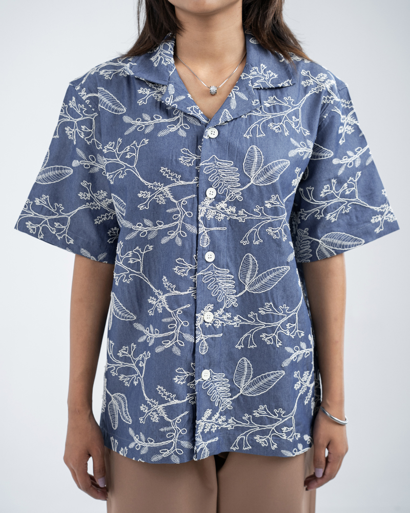 Oversized Drop Shoulder Denim Cuban Shirt in Light Blue - Image 8