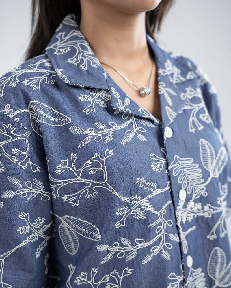 Oversized Drop Shoulder Denim Cuban Shirt in Light Blue - Image 9