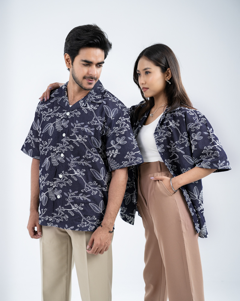 Oversized Drop Shoulder Denim Cuban Shirt in Navy Blue - Image 2