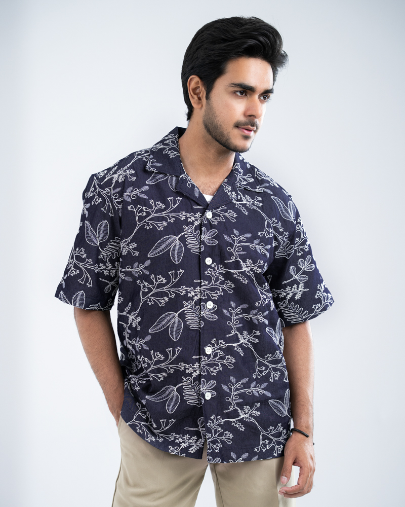 Oversized Drop Shoulder Denim Cuban Shirt in Navy Blue - Image 3