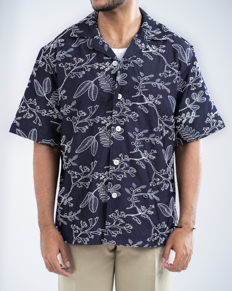 Oversized Drop Shoulder Denim Cuban Shirt in Navy Blue - Image 4