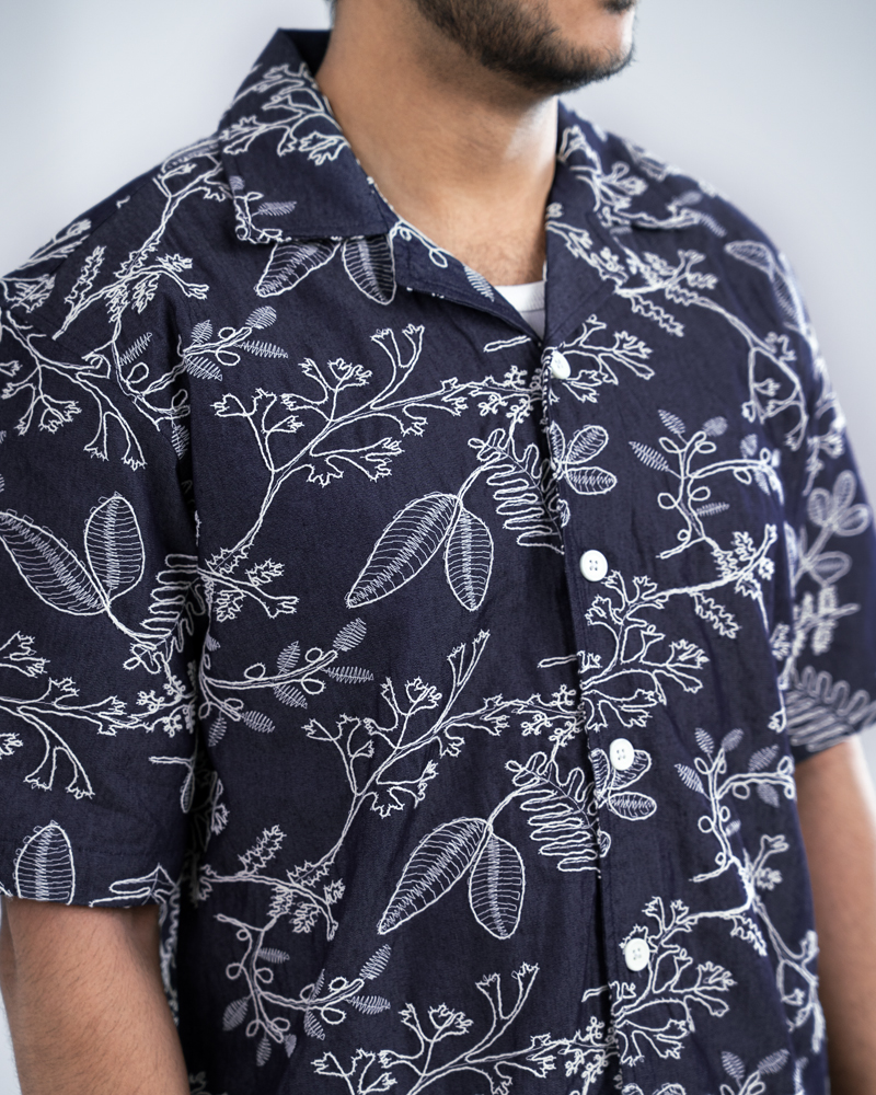 Oversized Drop Shoulder Denim Cuban Shirt in Navy Blue - Image 5