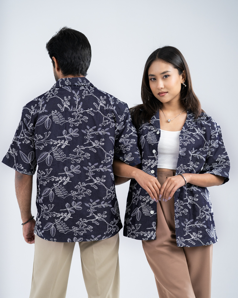Oversized Drop Shoulder Denim Cuban Shirt in Navy Blue - Image 6
