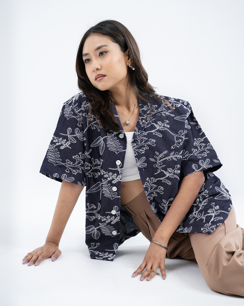 Oversized Drop Shoulder Denim Cuban Shirt in Navy Blue - Image 7