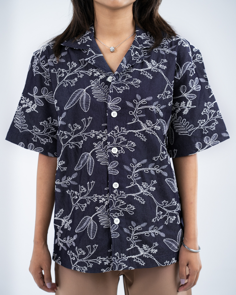 Oversized Drop Shoulder Denim Cuban Shirt in Navy Blue - Image 8