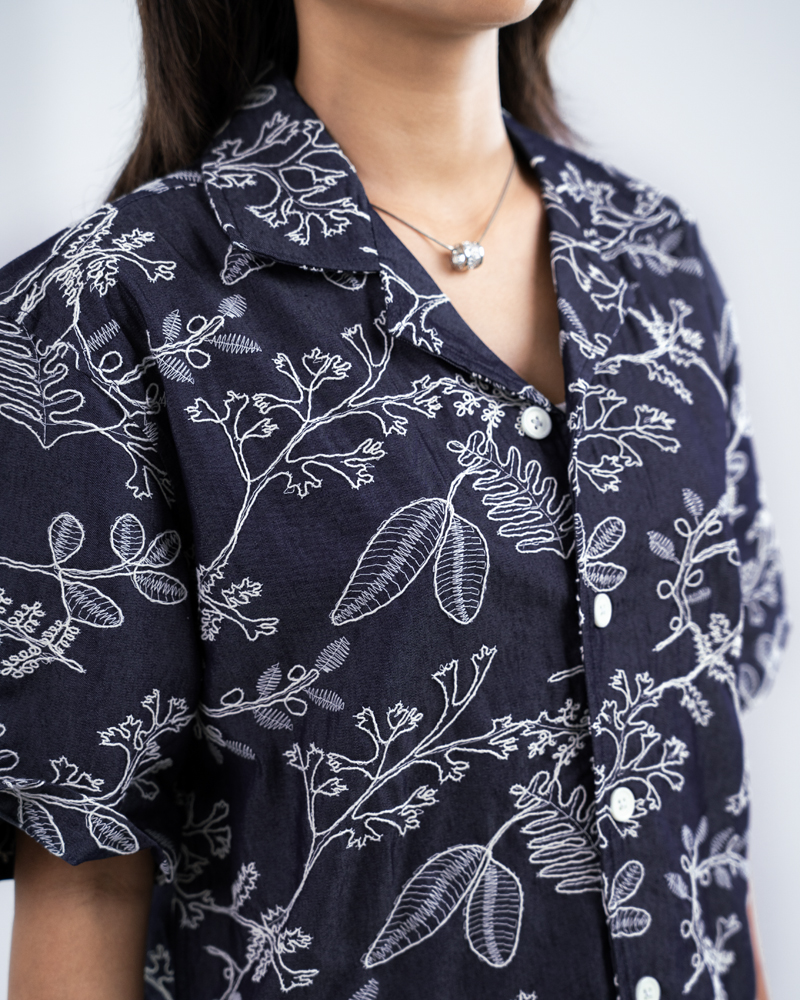Oversized Drop Shoulder Denim Cuban Shirt in Navy Blue - Image 9