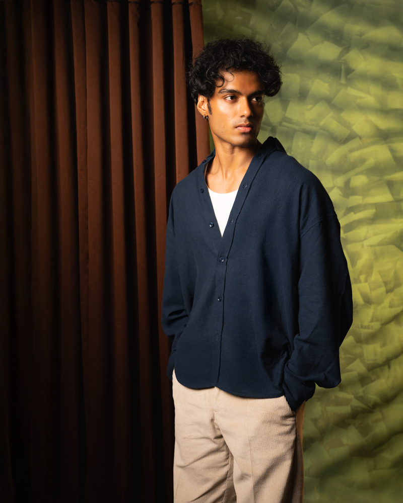 Oversized Long Sleeve Button Down Shirt in Navy Blue