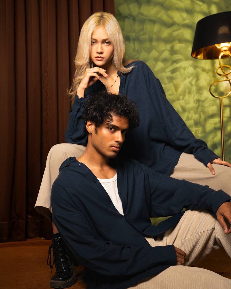 Oversized Long Sleeve Button Down Shirt in Navy Blue - Image 2