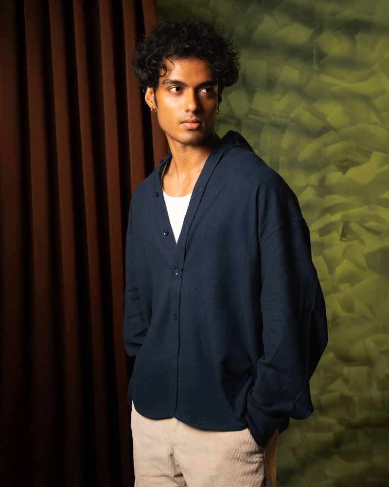 Oversized Long Sleeve Button Down Shirt in Navy Blue - Image 5