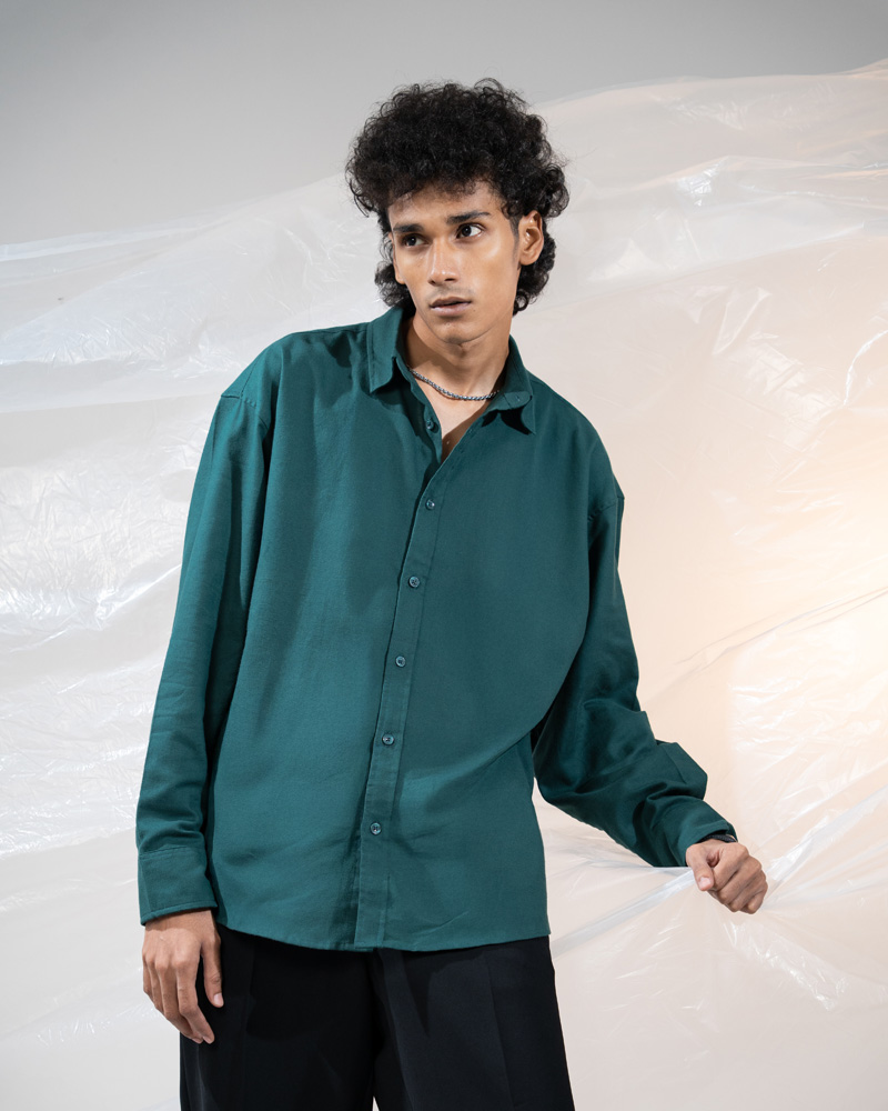 Oversized Long Sleeve Shirt in Bottle Green - Image 3
