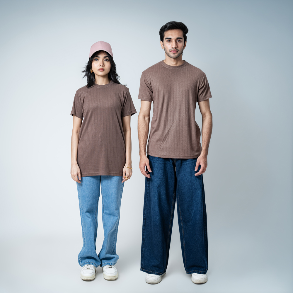 Premium Soft Textured Crewneck T-shirt in Brown with Thick Lines - Image 2