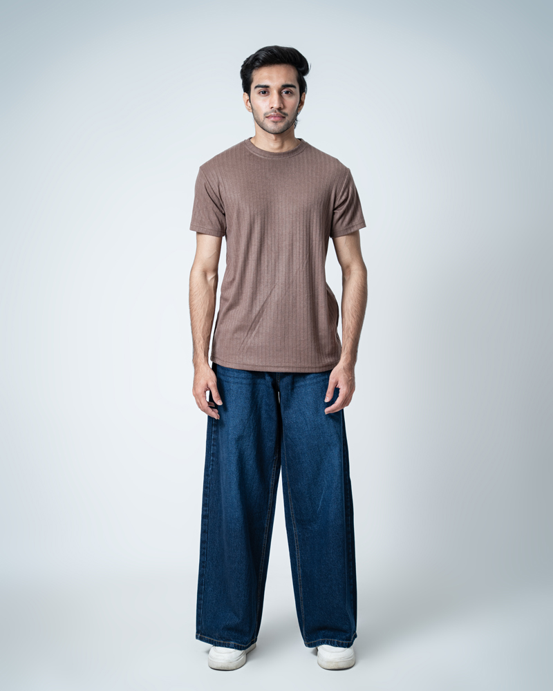 Premium Soft Textured Crewneck T-shirt in Brown with Thick Lines - Image 3