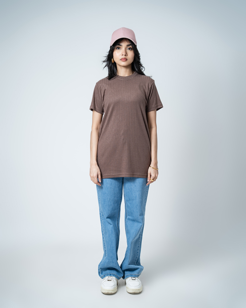 Premium Soft Textured Crewneck T-shirt in Brown with Thick Lines - Image 4